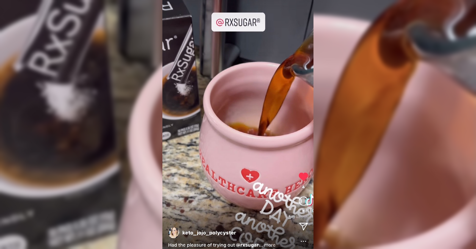 Keto JoJo Polycyster Using Her RxSugar Stick Pack In Her Morning Coffee