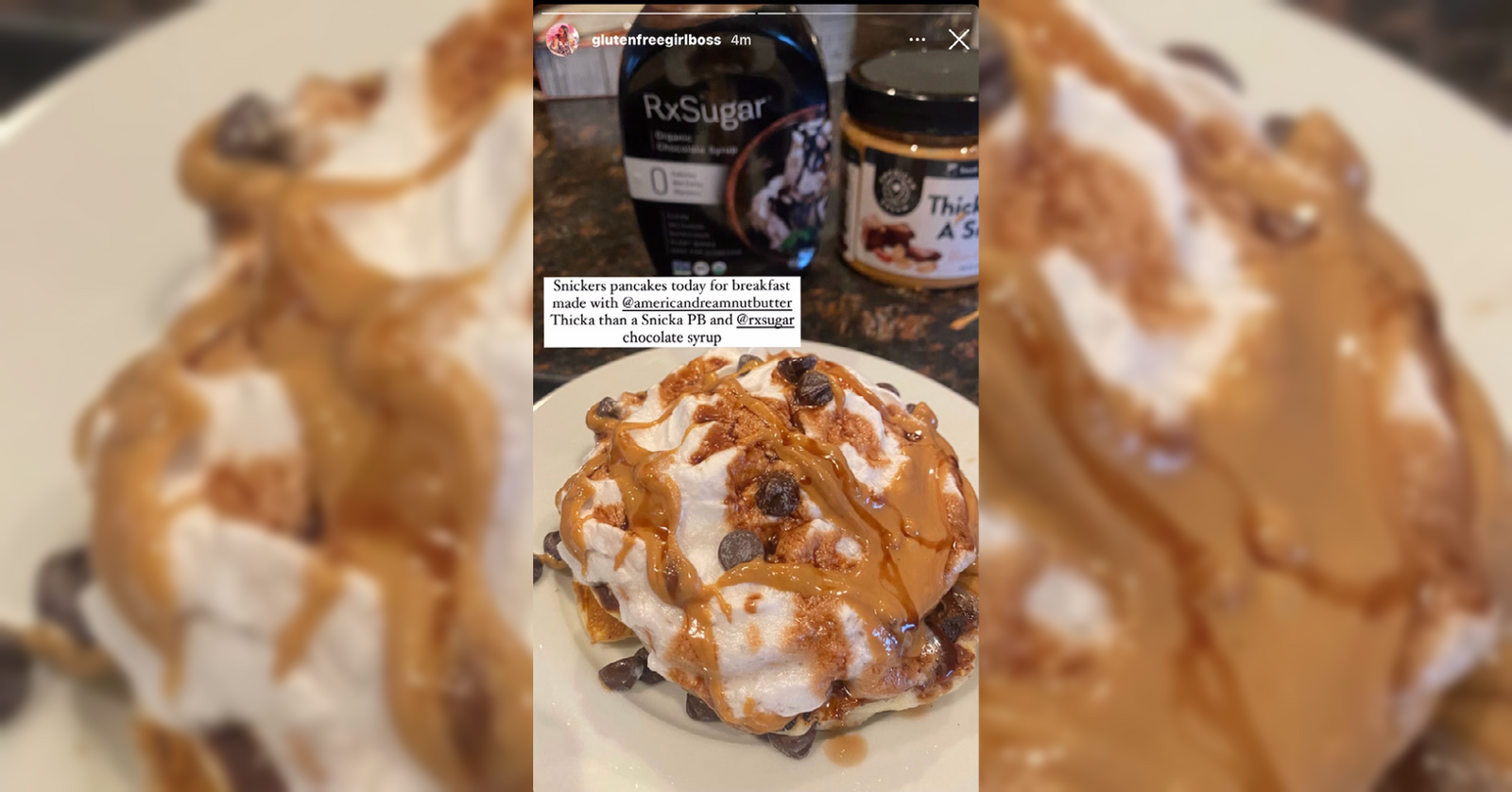 Glutenfreegirlboss Using Her RxSugar Organic Chocolate Syrup On Her Snickers Inspired Stack!