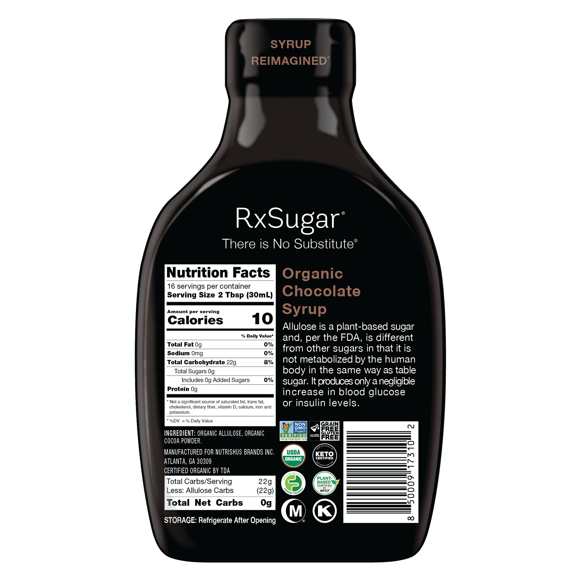 RxSugar Organic Chocolate Syrup Front of Bottle